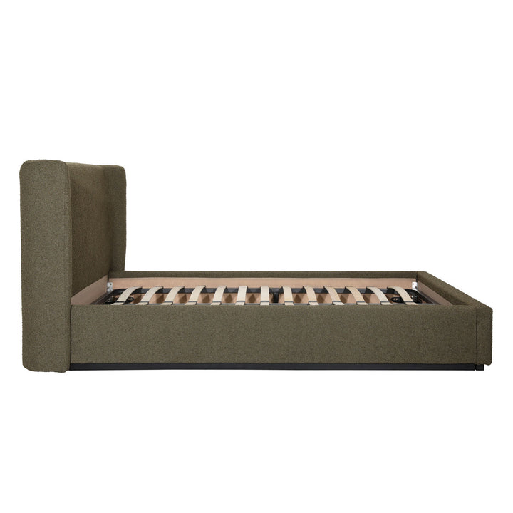 Tobin Boucle Bed, Queen · Olive Boucle, profile view