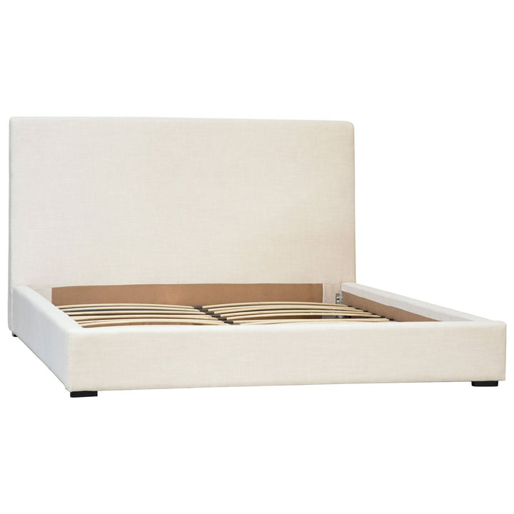 Fable Upholstered Bed, Eastern King · Off White Linen Blend, back three quarter view