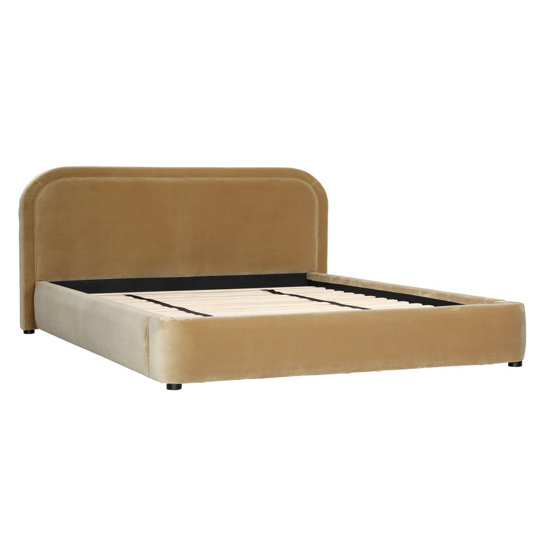 Aria Velvet and Boucle Bed, Eastern King · Camel Velvet, back three quarter view