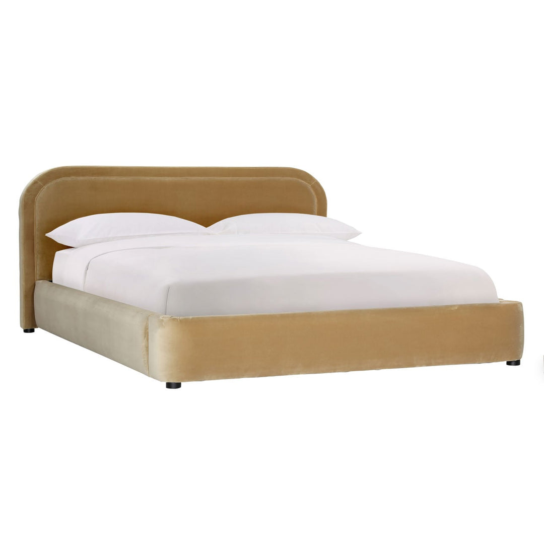 Aria Velvet and Boucle Bed, Eastern King · Camel Velvet, three-quarter studio view