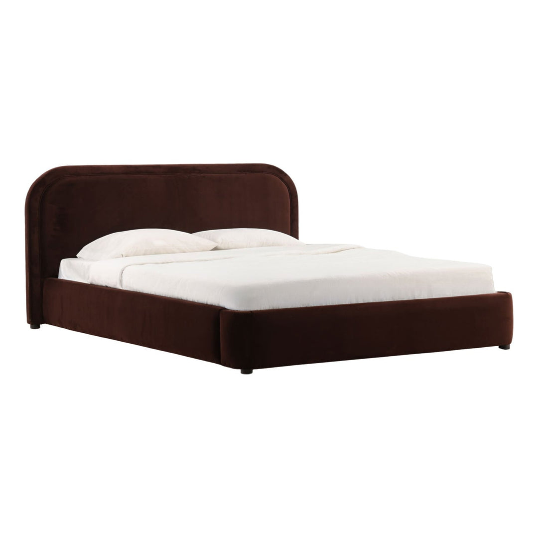 Aria Velvet and Boucle Bed, Eastern King · Chocolate Velvet, three-quarter studio view