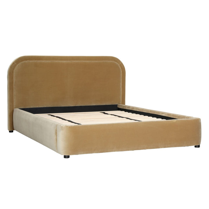 Aria Velvet and Boucle Bed, Queen · Camel Velvet, back three quarter view