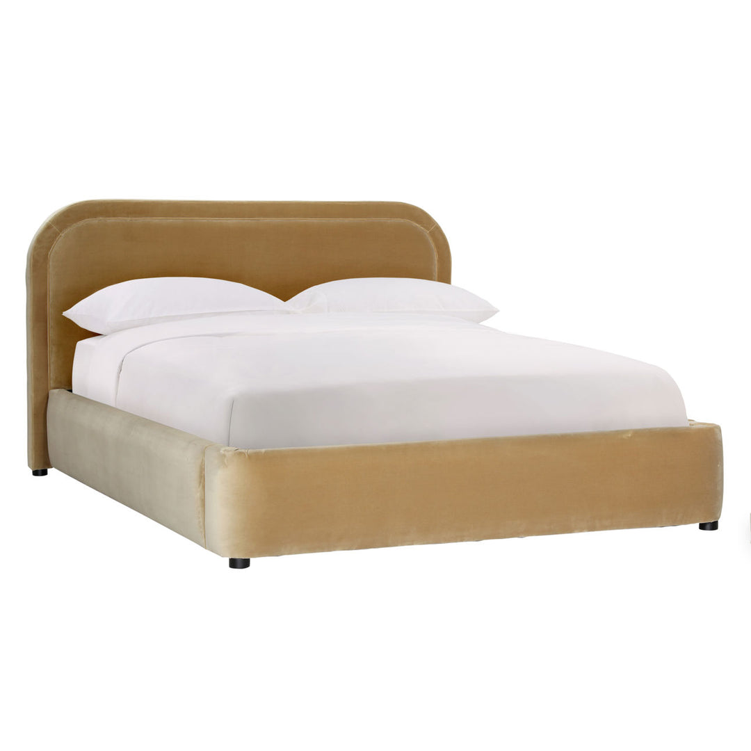 Aria Velvet and Boucle Bed, Queen · Camel Velvet, three-quarter studio view
