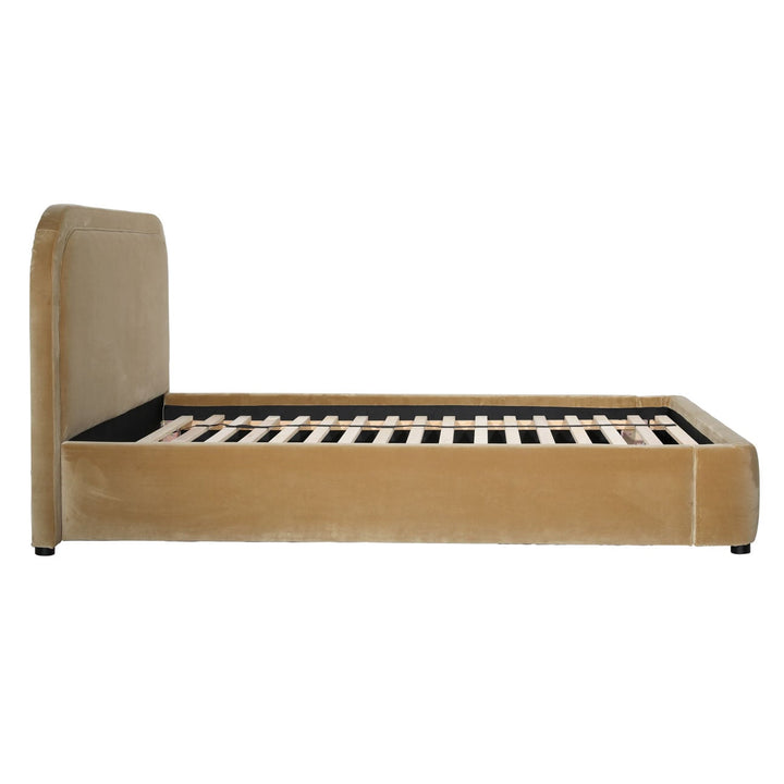 Aria Velvet and Boucle Bed, Queen · Camel Velvet, profile view