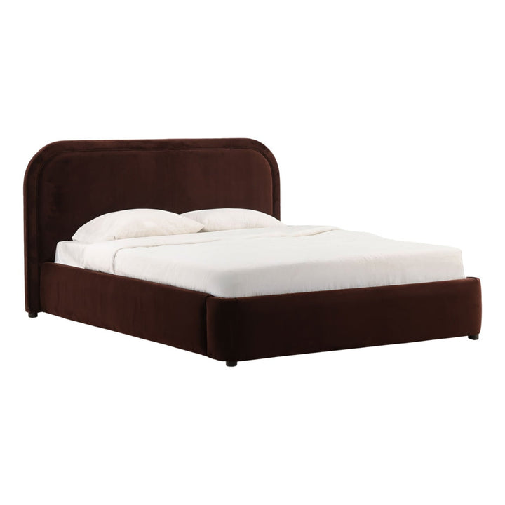 Aria Velvet and Boucle Bed, Queen · Chocolate Velvet, three-quarter studio view