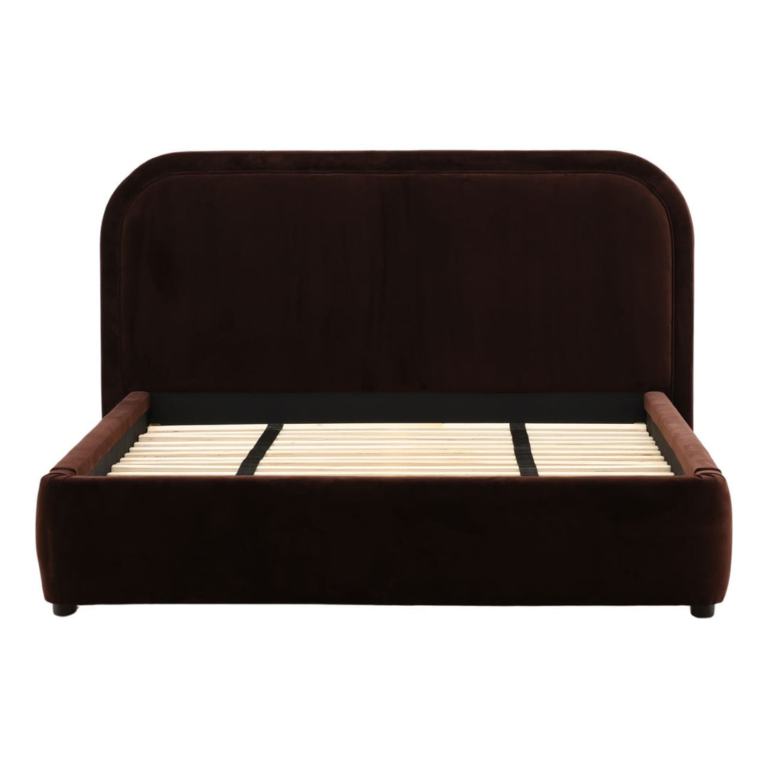 Aria Velvet and Boucle Bed, Queen · Chocolate Velvet, front view
