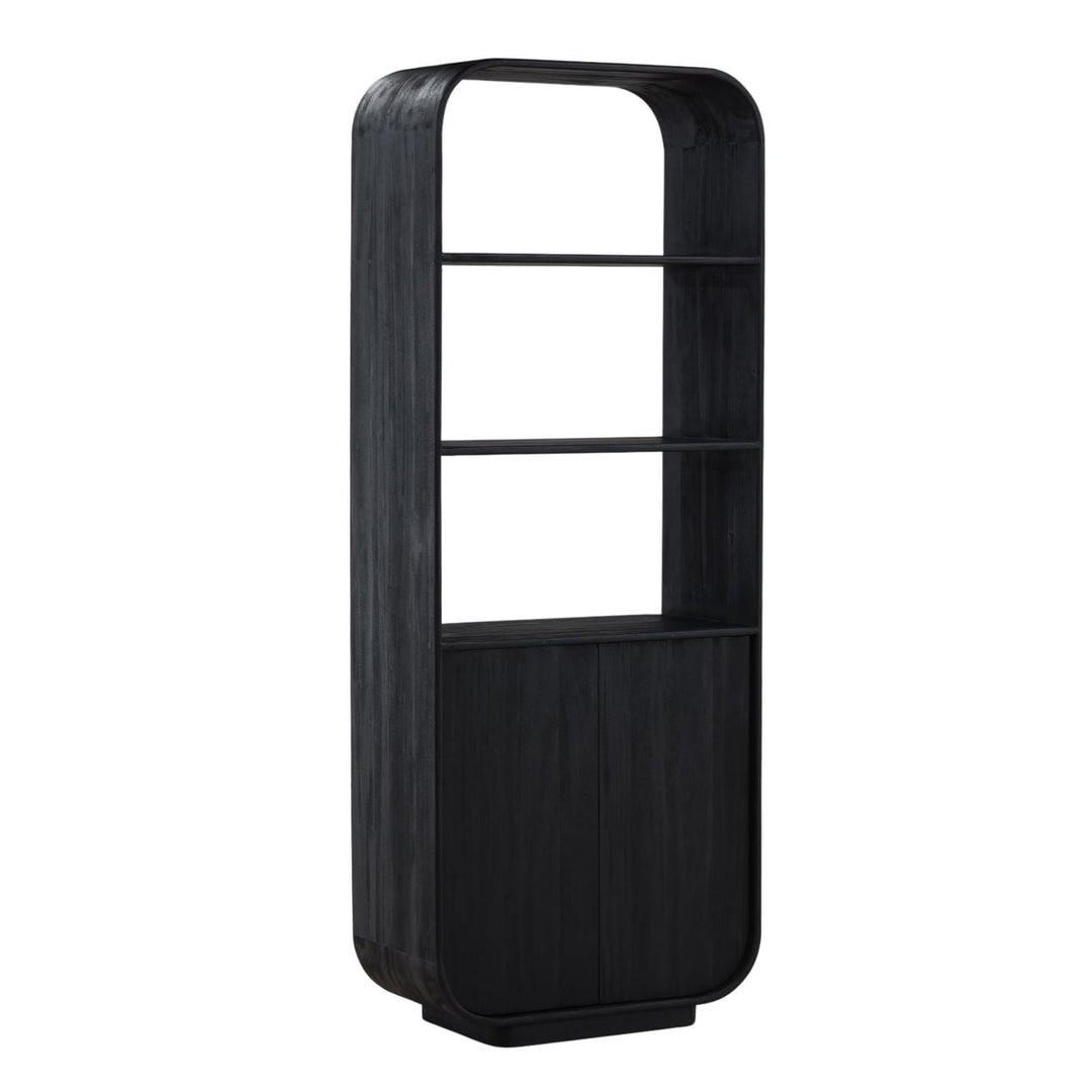 Inez Black Mindi Wood Bookcase, three-quarter studio view