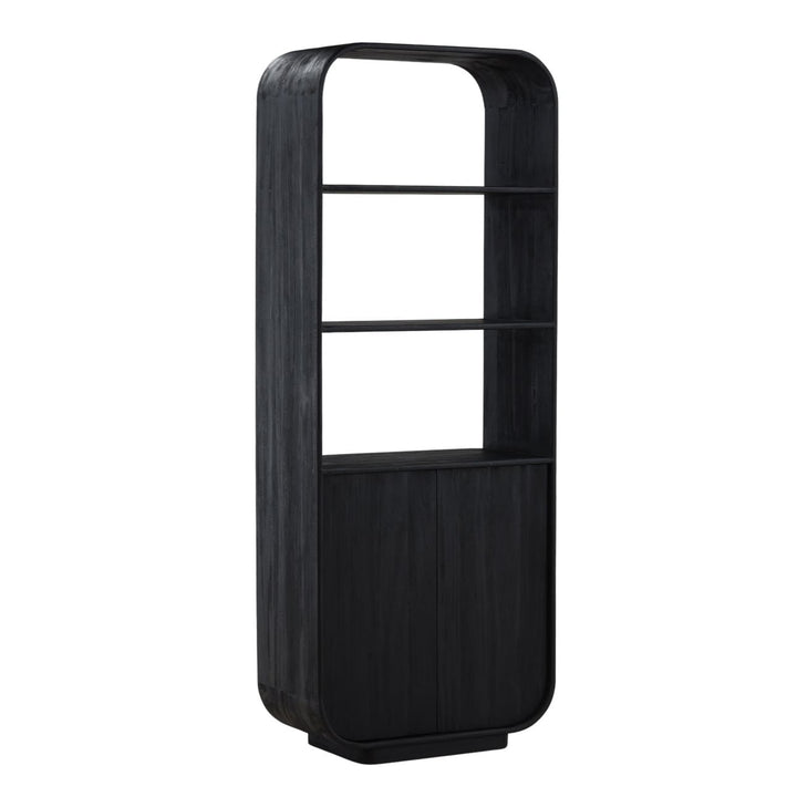 Inez Black Mindi Wood Bookcase, three-quarter studio view
