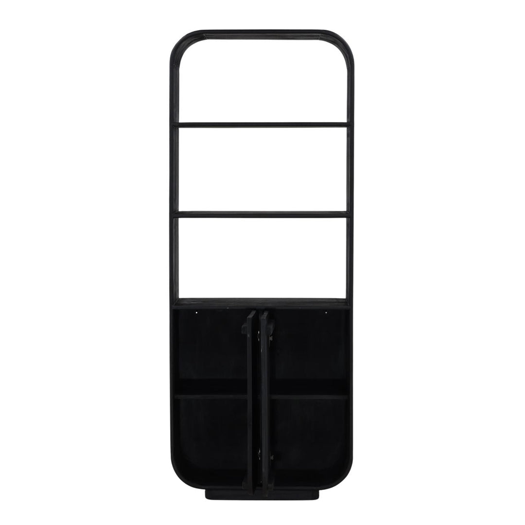 Inez Black Mindi Wood Bookcase, open door view