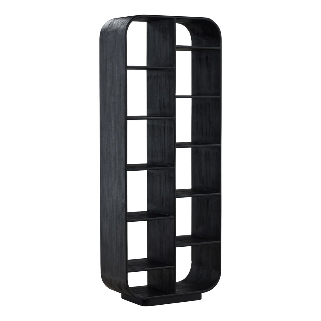Vivian Black Mindi Wood Bookcase, three-quarter studio view