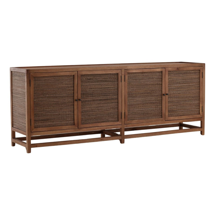 Lucia Mindi Wood and Rattan Sideboard, Four Door, three-quarter studio view