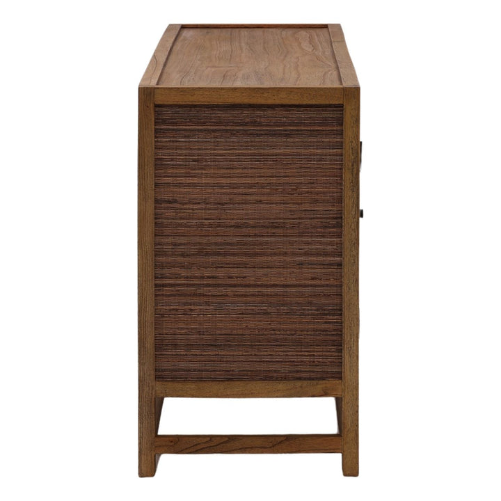 Lucia Mindi Wood and Rattan Sideboard, Four Door, profile view
