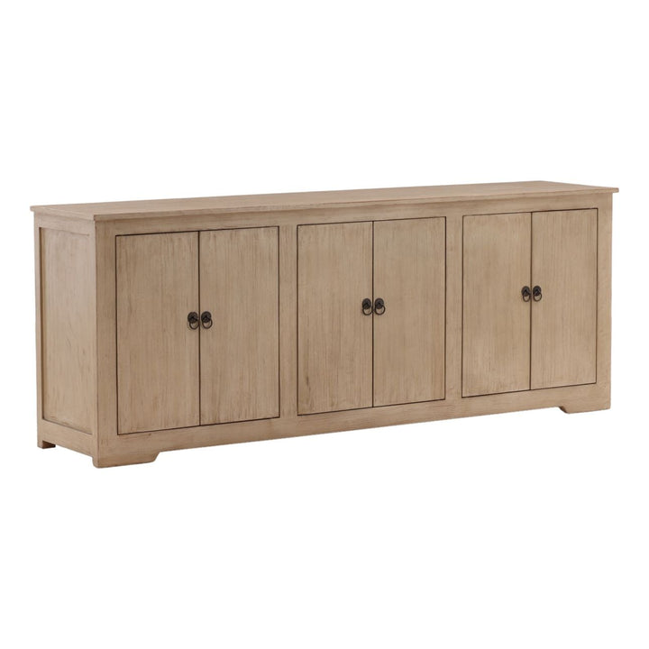 Nikos Reclaimed Pine Sideboard, Light Warm Wash · Six Door, three-quarter studio view