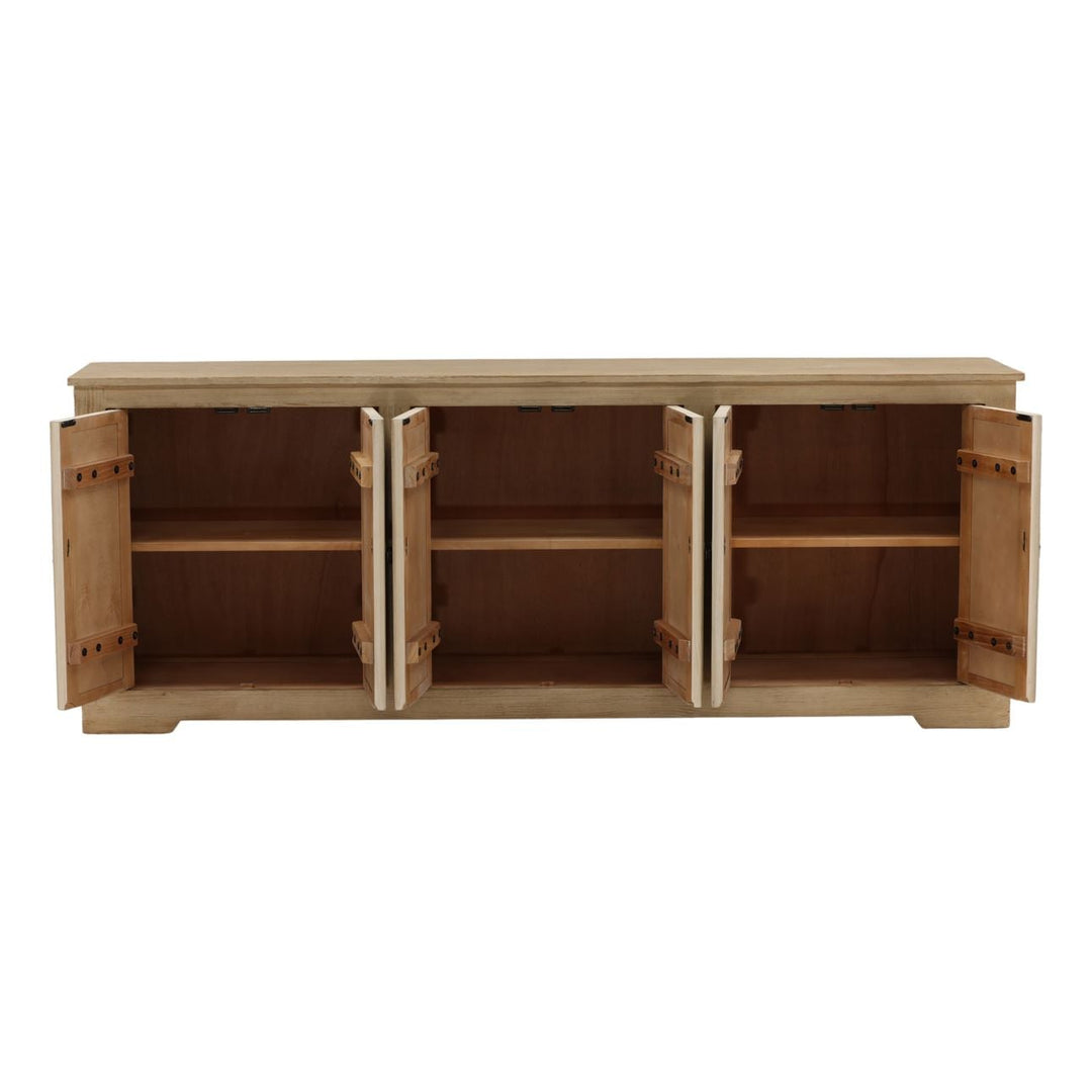 Nikos Reclaimed Pine Sideboard, Light Warm Wash · Six Door, open door view