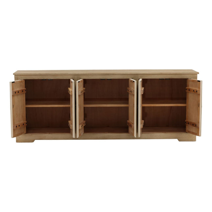 Nikos Reclaimed Pine Sideboard, Light Warm Wash · Six Door, open door view