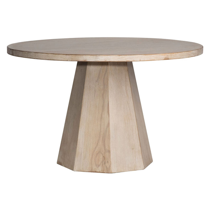 Jensen Reclaimed Pine Round Dining Table, three-quarter studio view