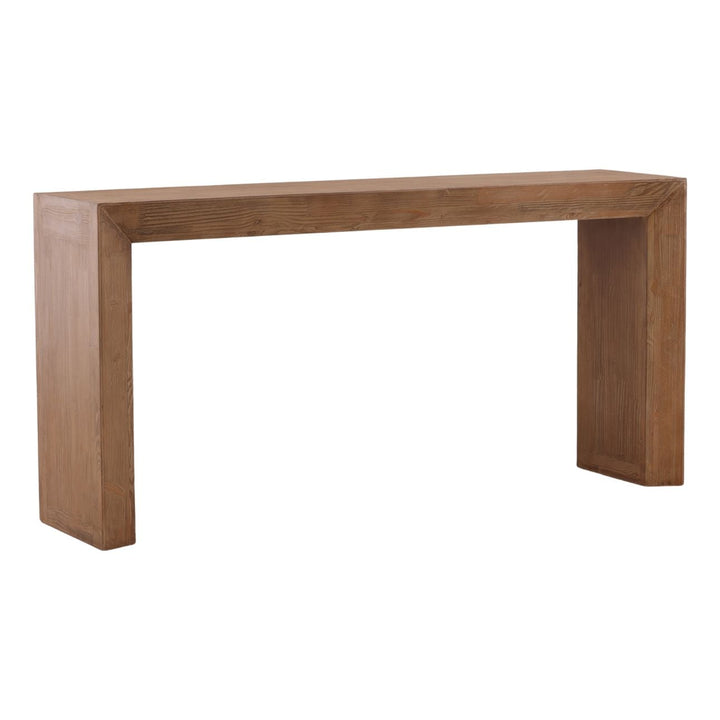 Sonia Reclaimed Pine Console Table, Brown, three-quarter studio view
