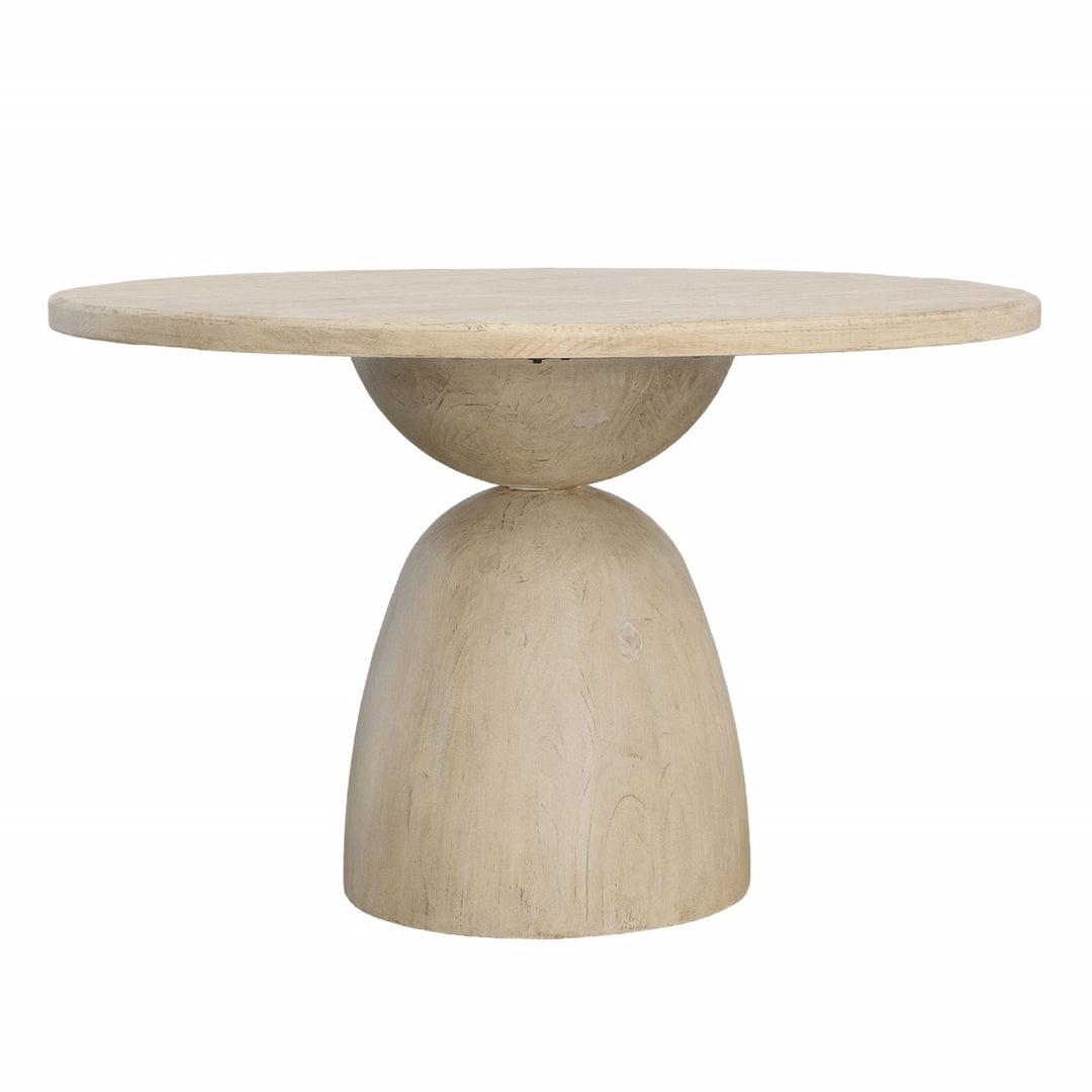 Caspian Reclaimed Pine Round Dining Table, Light Warm Wash, three-quarter studio view