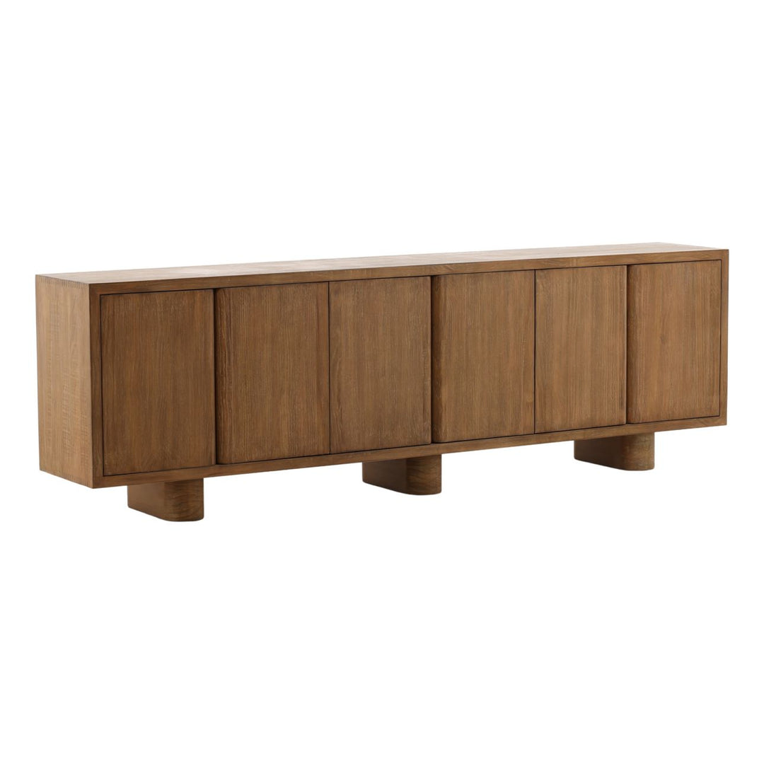 Thea Reclaimed Pine Sideboard, Brown · Six Door, three-quarter studio view
