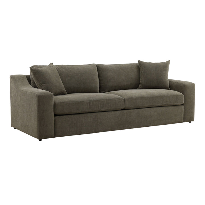 Emren Upholstered Sofa, Olive, three-quarter studio view