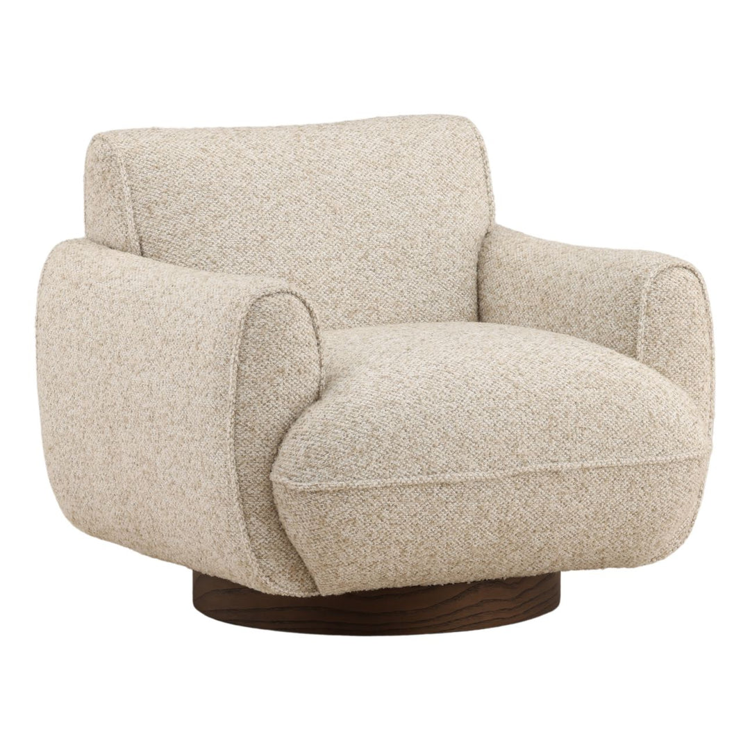Ercelle Boucle Wood Base Swivel Chair, Oatmeal, three-quarter studio view