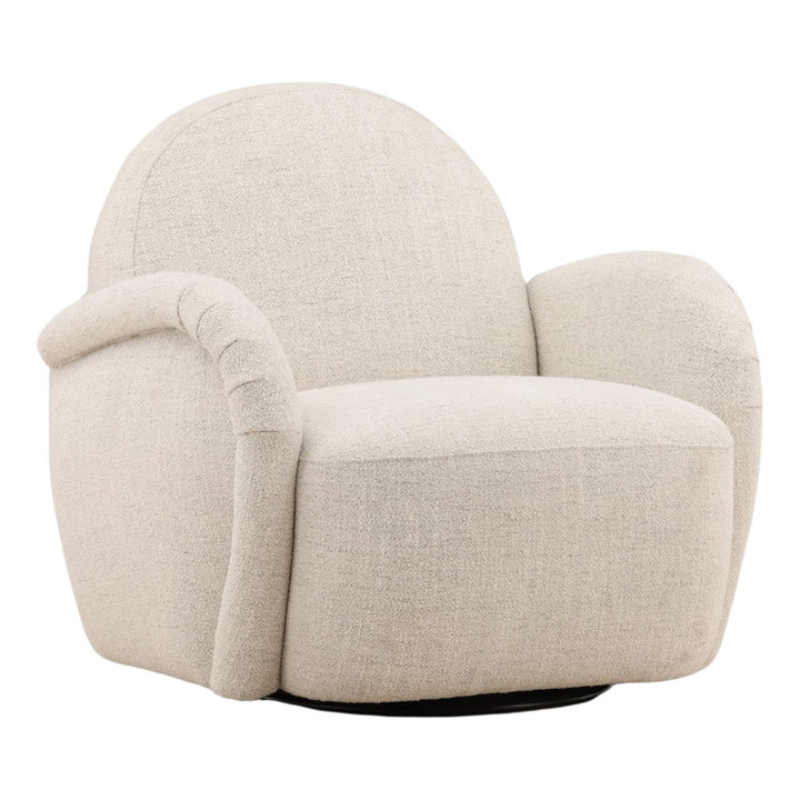 Greta Off White Chenille Swivel Chair, three-quarter studio view