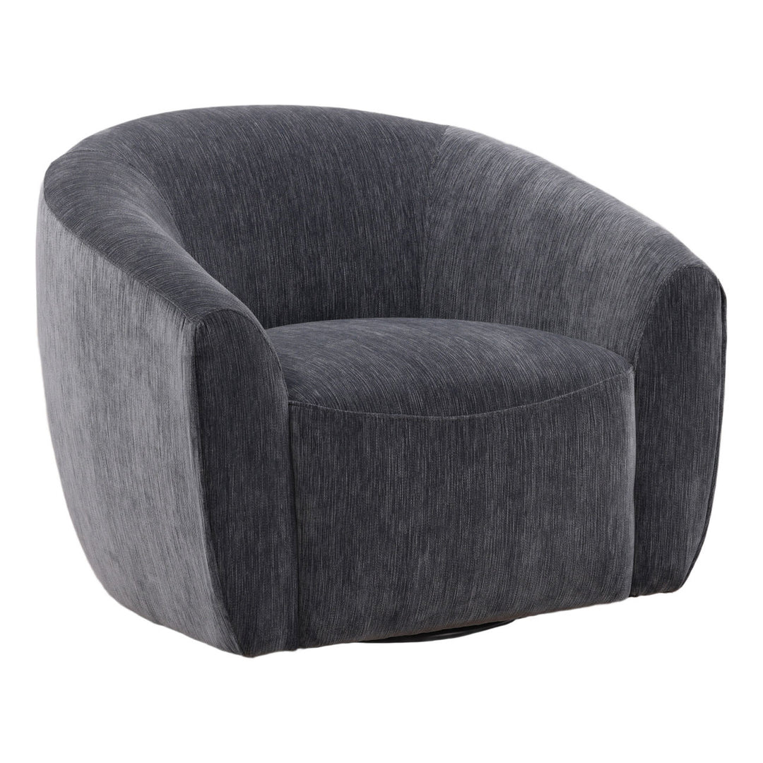 Rosen Chenille and Velvet Swivel Chair, Blue, three-quarter studio view
