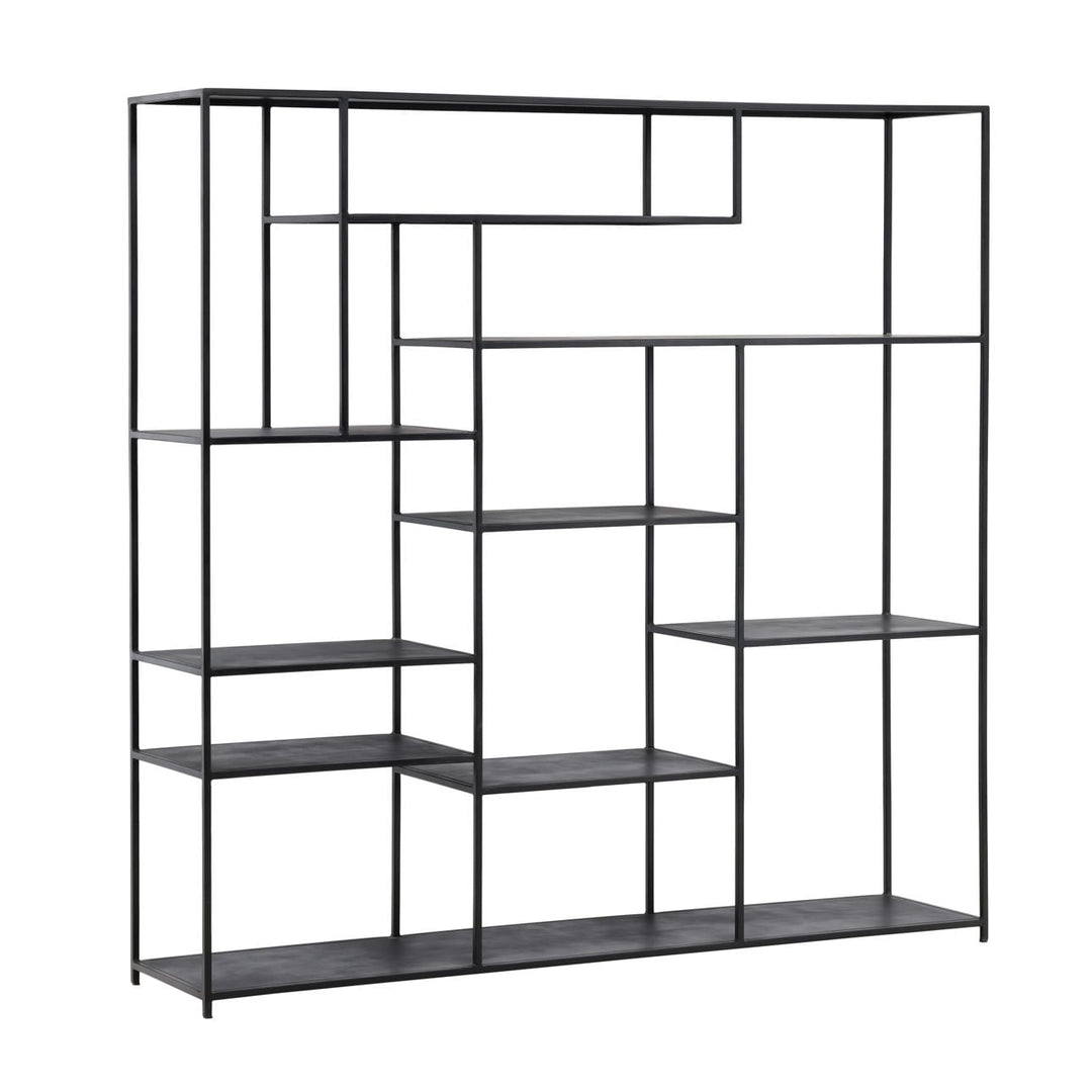 Dara Wide Metal Bookcase, three-quarter studio view