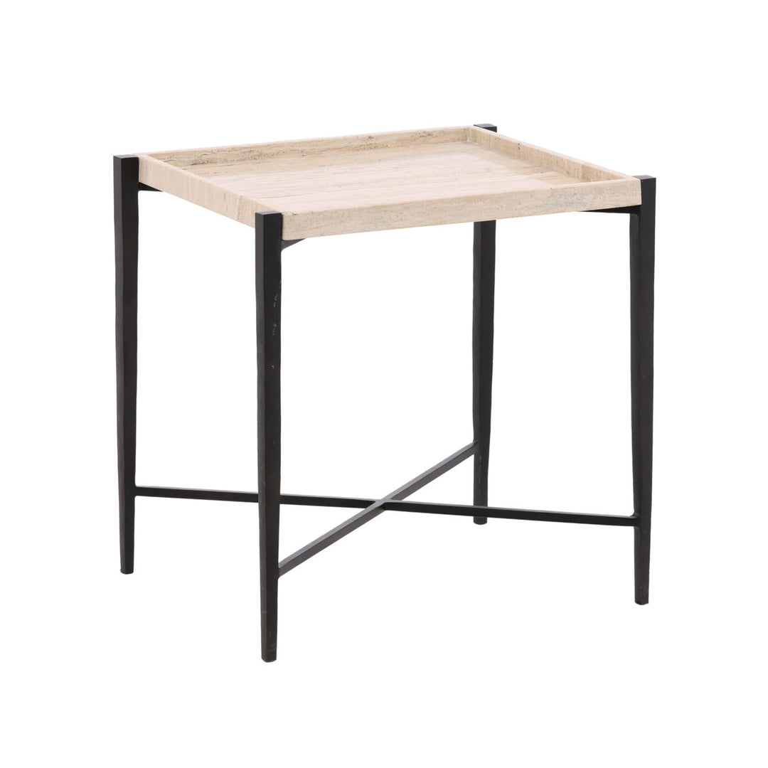 Rosa Travertine Side Table, three-quarter studio view