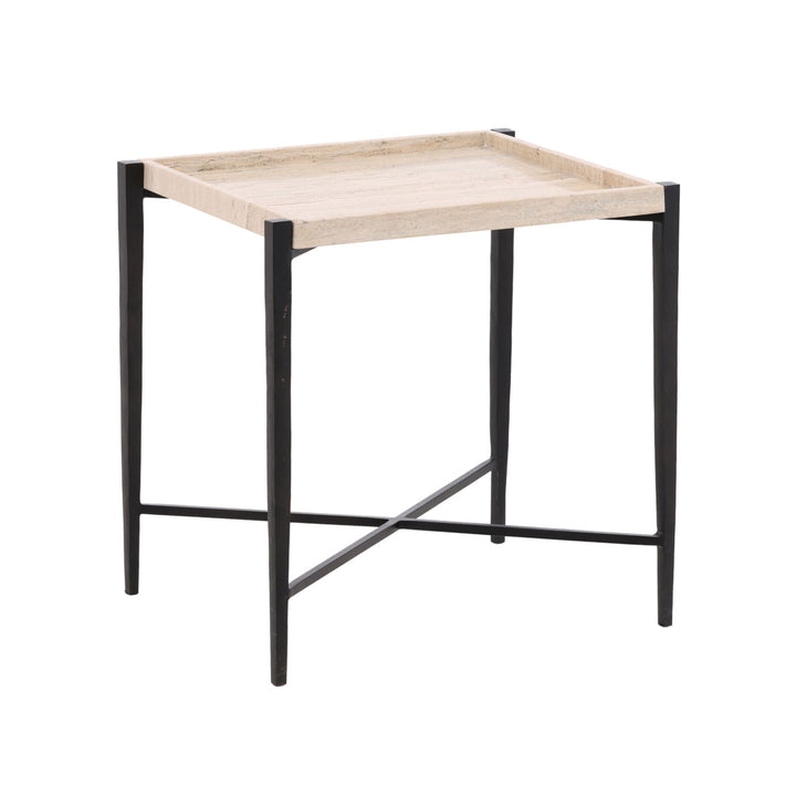 Rosa Travertine Side Table, three-quarter studio view