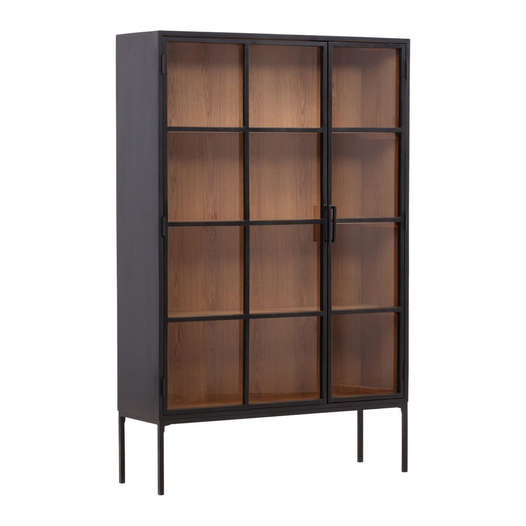 Amara Glass and Iron Storage Cabinet, three-quarter studio view