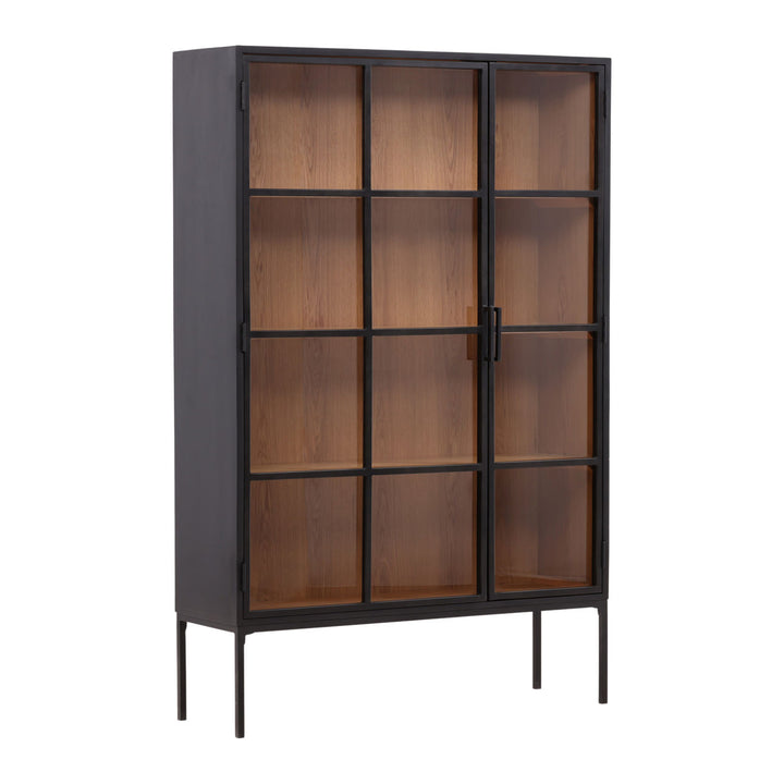 Amara Glass and Iron Storage Cabinet, three-quarter studio view