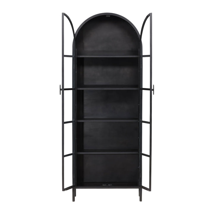 Kira Black Glass Storage Cabinet, open door view