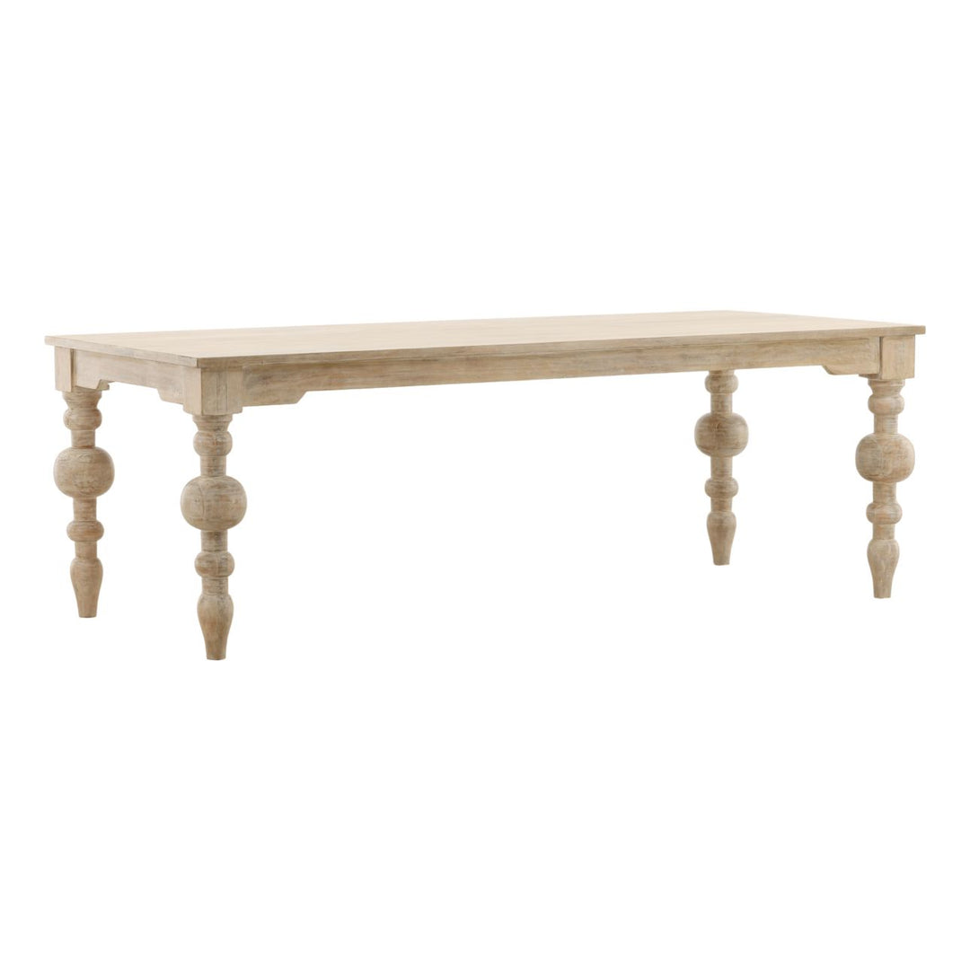Anya Whitewash Mango Wood Dining Table, three-quarter studio view