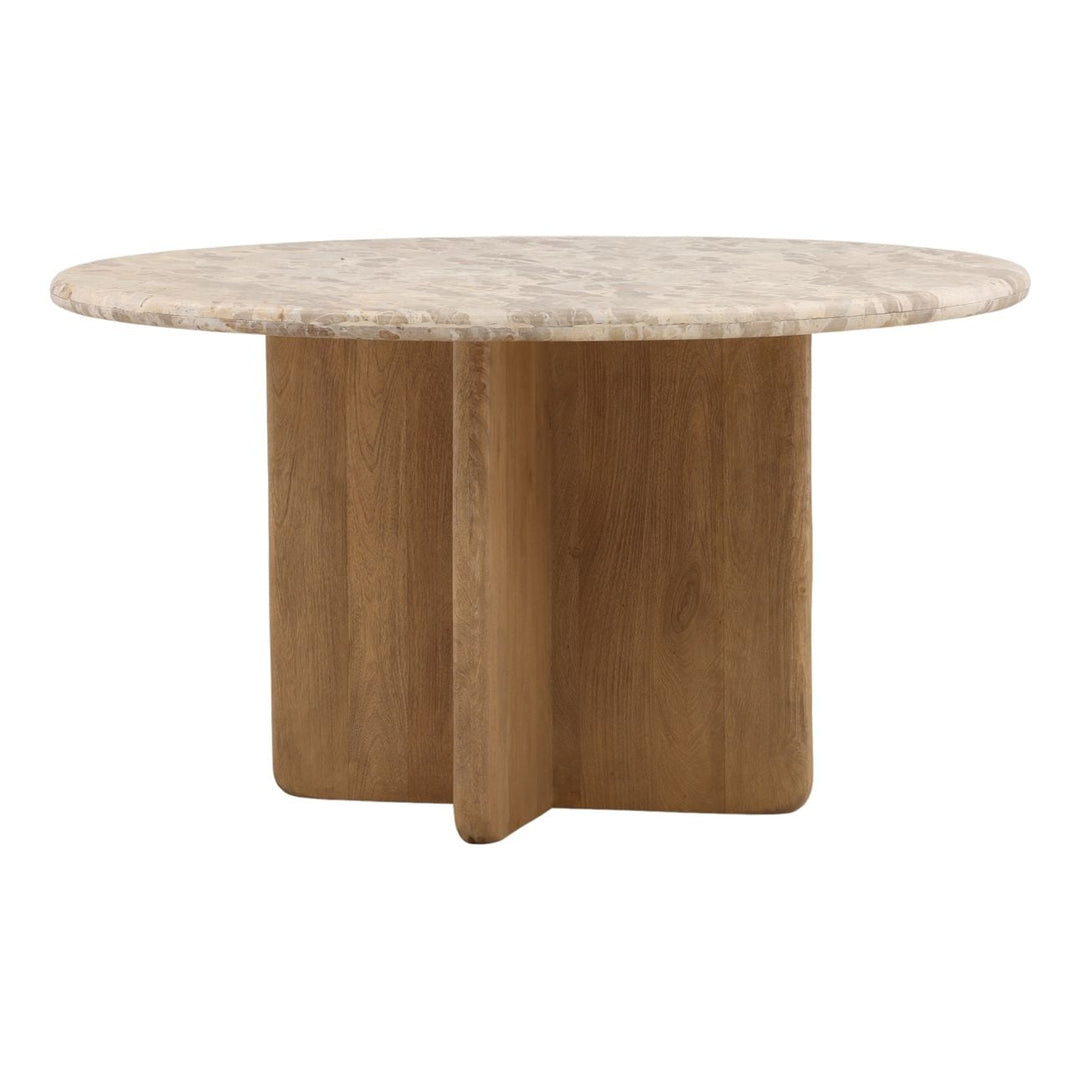 Lana Marble and Mango Wood Dining Table, three-quarter studio view