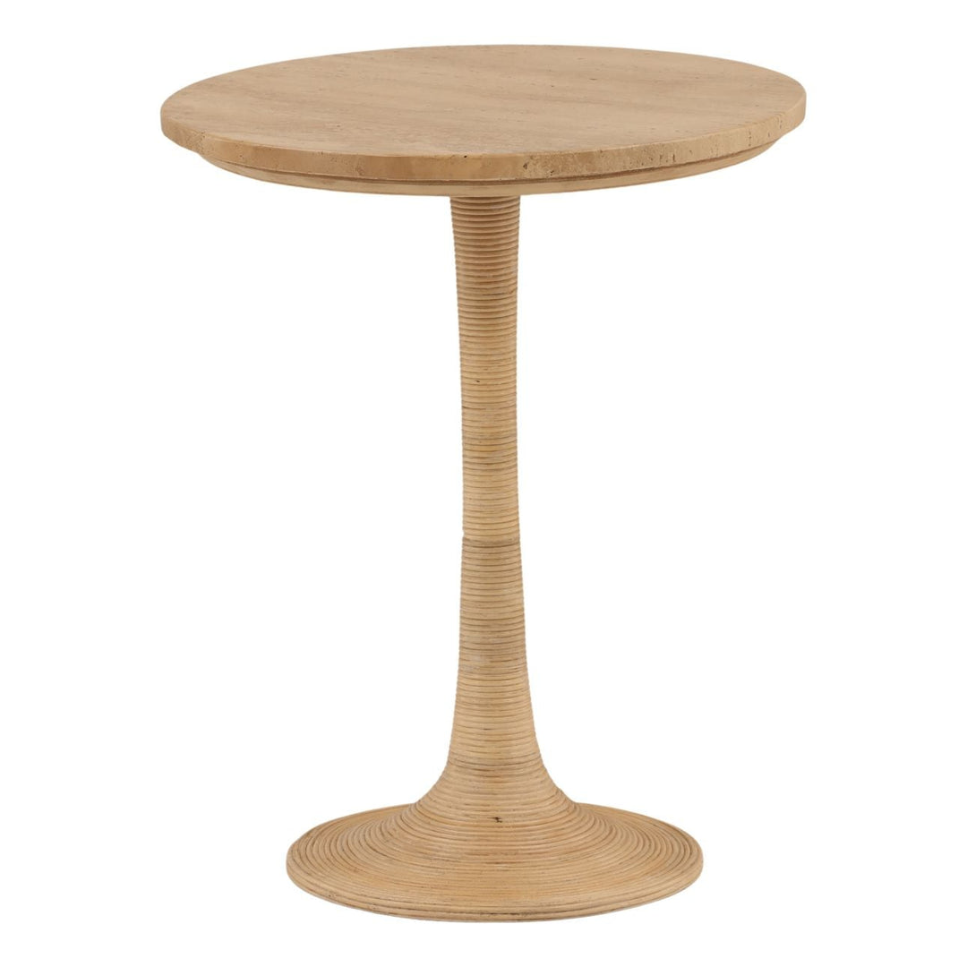 Liora Travertine and Cane Side Table, three-quarter studio view