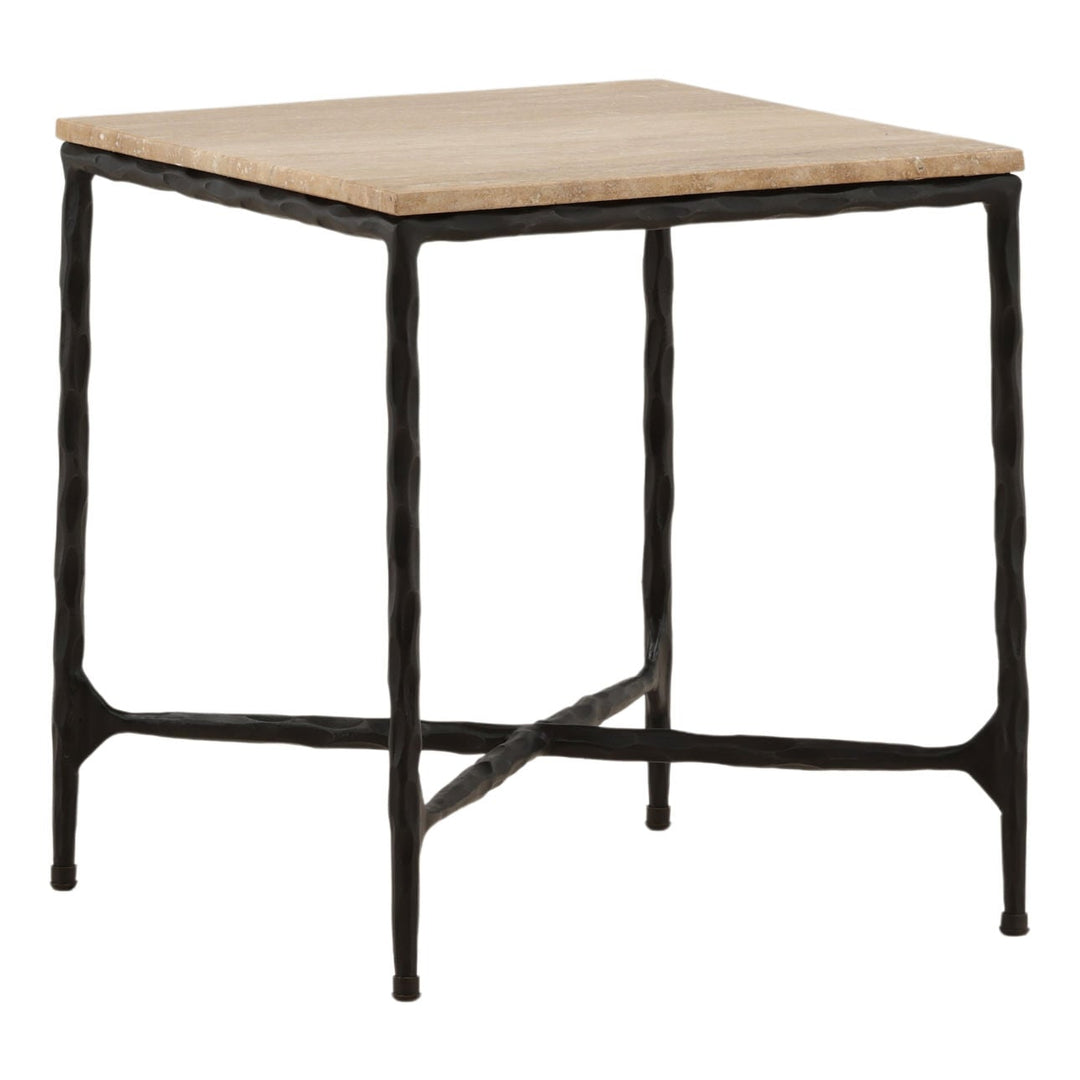 Neri Travertine Side Table, three-quarter studio view