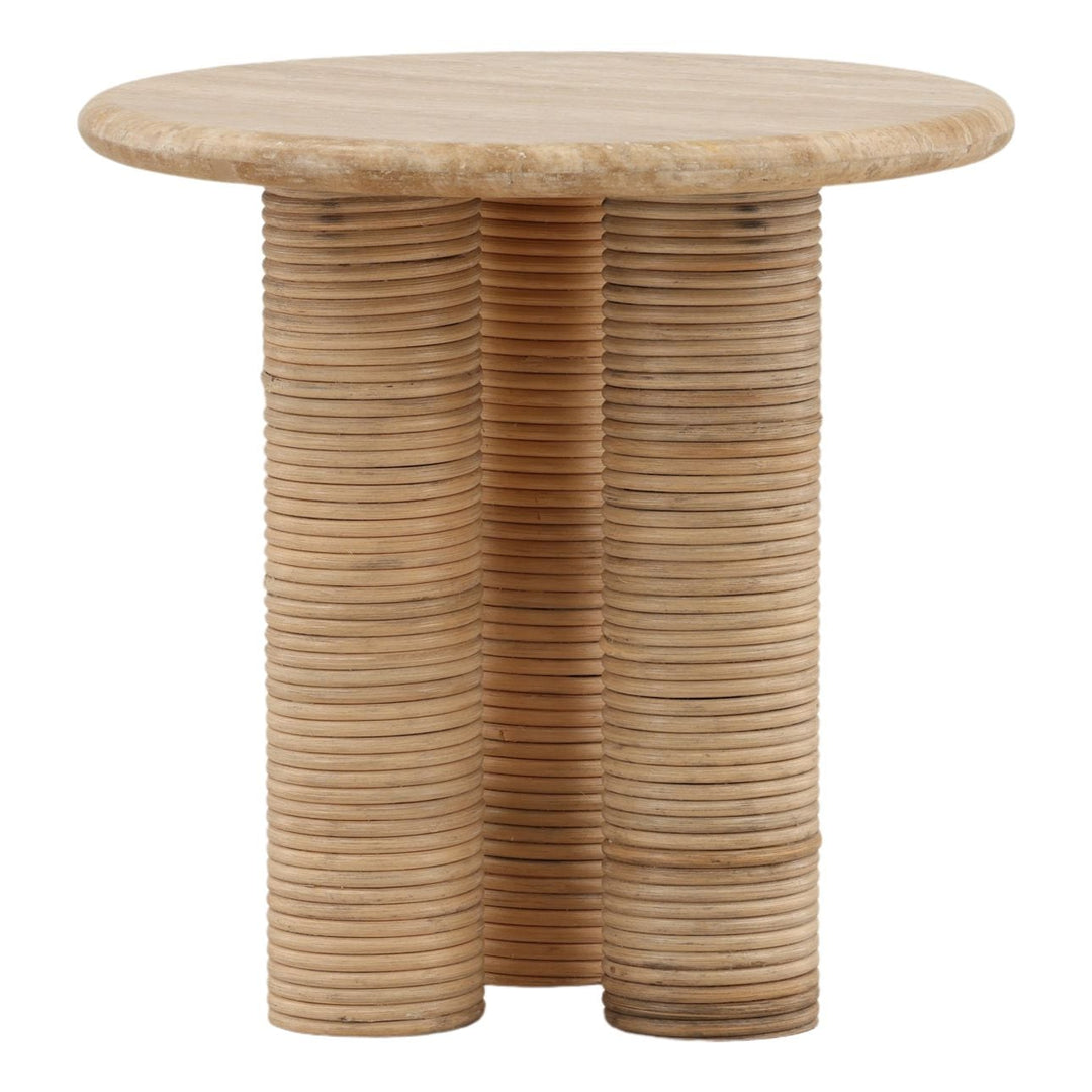 Eira Travertine and Cane Side Table, three-quarter studio view