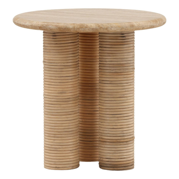 Eira Travertine and Cane Side Table, three-quarter studio view