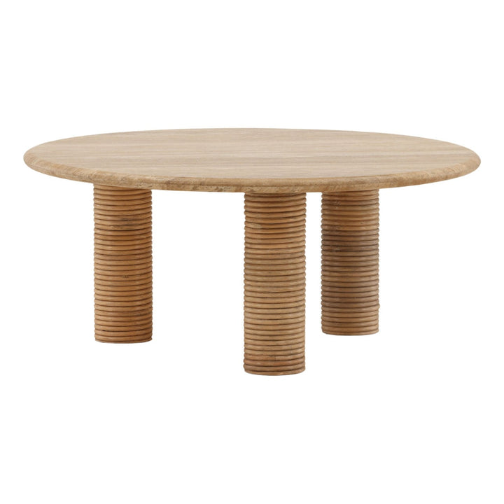 Eira Travertine and Cane Coffee Table, three-quarter studio view