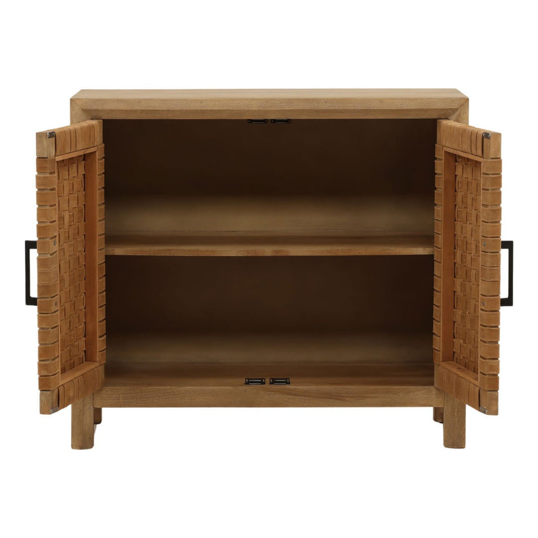 Octave Mango Wood and Leather Sideboard, Two Door · 38 inches wide, open door view