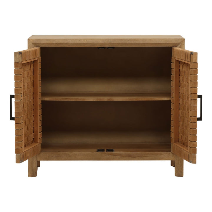 Octave Mango Wood and Leather Sideboard, Two Door · 38 inches wide, open door view