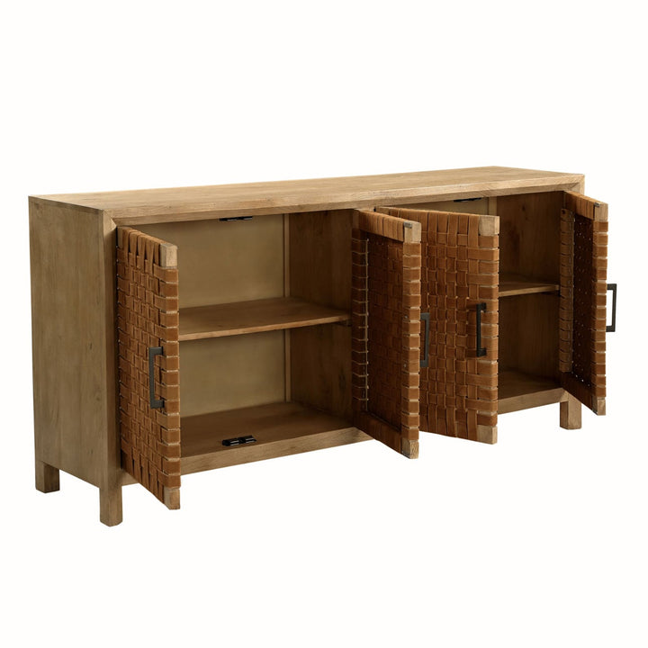 Octave Mango Wood and Leather Sideboard, Four Door · 72 inches wide, open door view