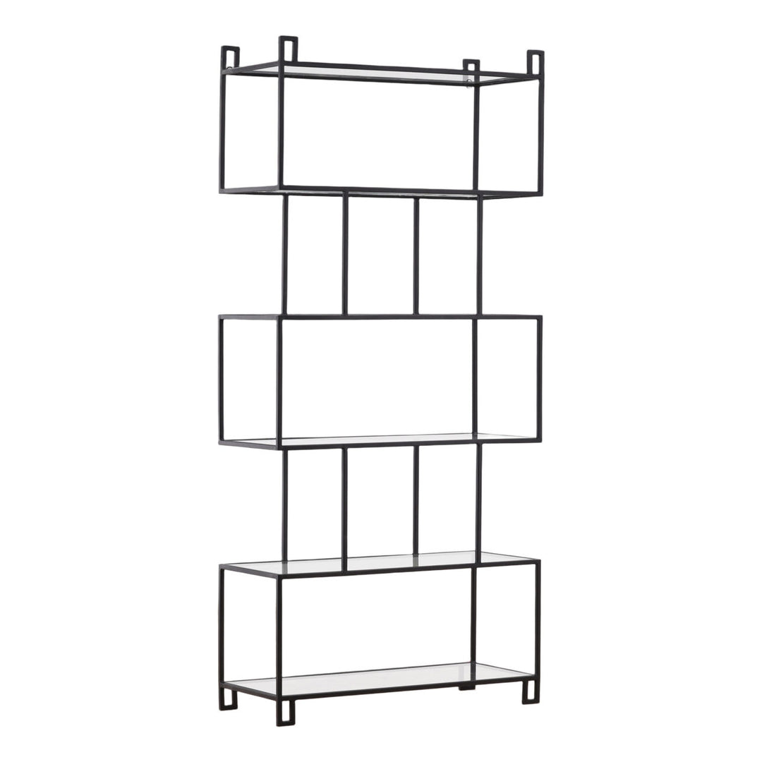 Yara Glass and Metal Bookcase, three-quarter studio view