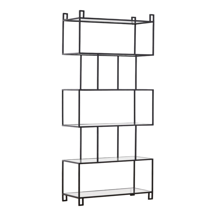 Yara Glass and Metal Bookcase, three-quarter studio view