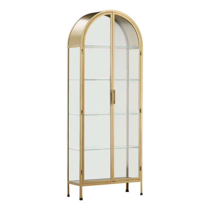 Verde Brass Finish Glass Cabinet, three-quarter studio view