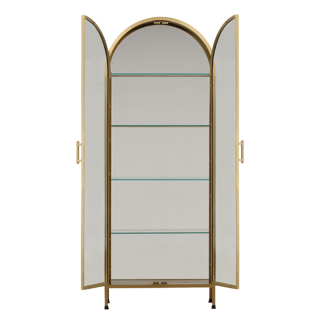 Verde Brass Finish Glass Cabinet, open door view