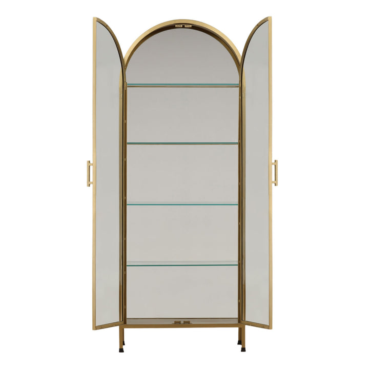 Verde Brass Finish Glass Cabinet, open door view