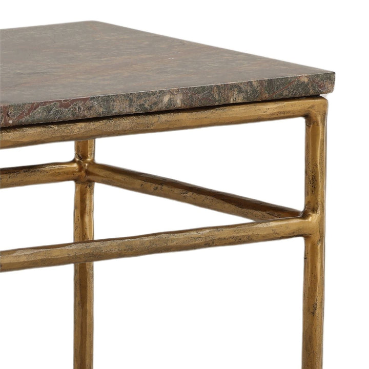 Ansel Marble Console Table, Green and Brown Marble · Antique Brass, detail 2 view