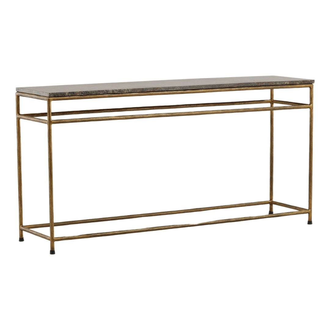 Ansel Marble Console Table, Green and Brown Marble · Antique Brass, three-quarter studio view